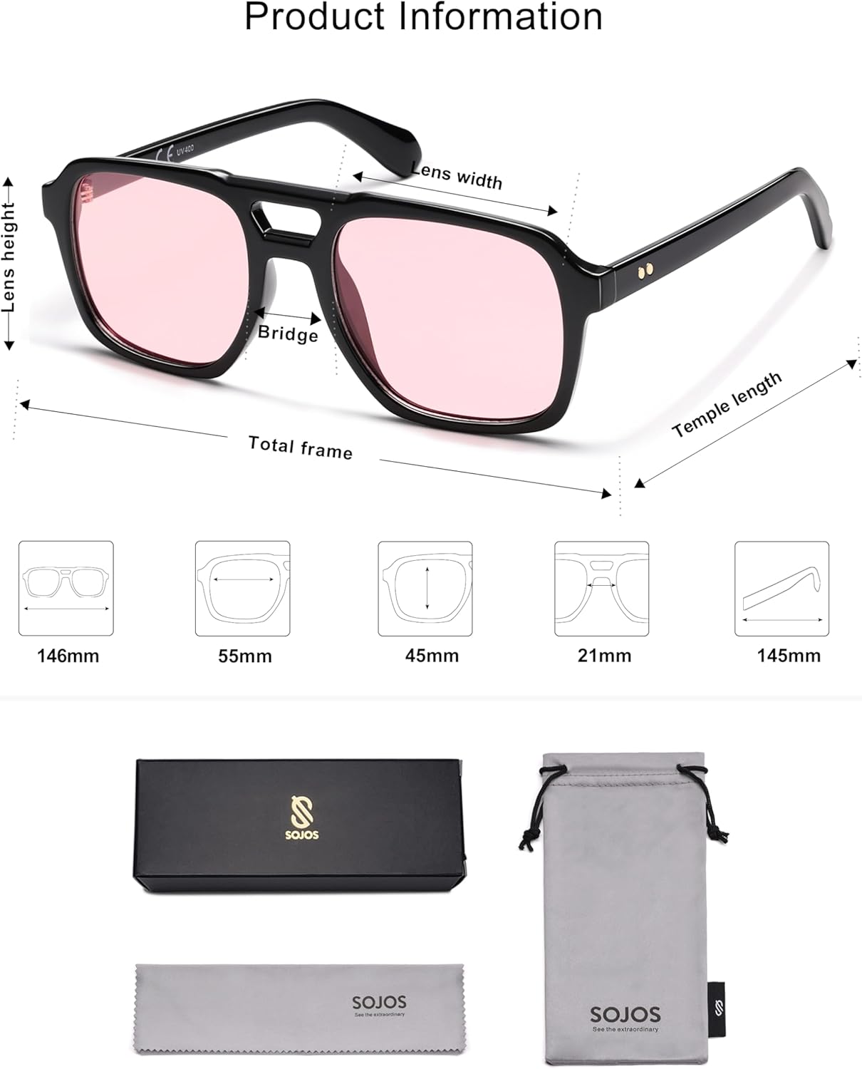 imageSOJOS Retro Aviator Polarized Sunglasses For Women Men Womens Oversized Thick Square Vintage 70s Sun Glasses SJ2330Black Pink