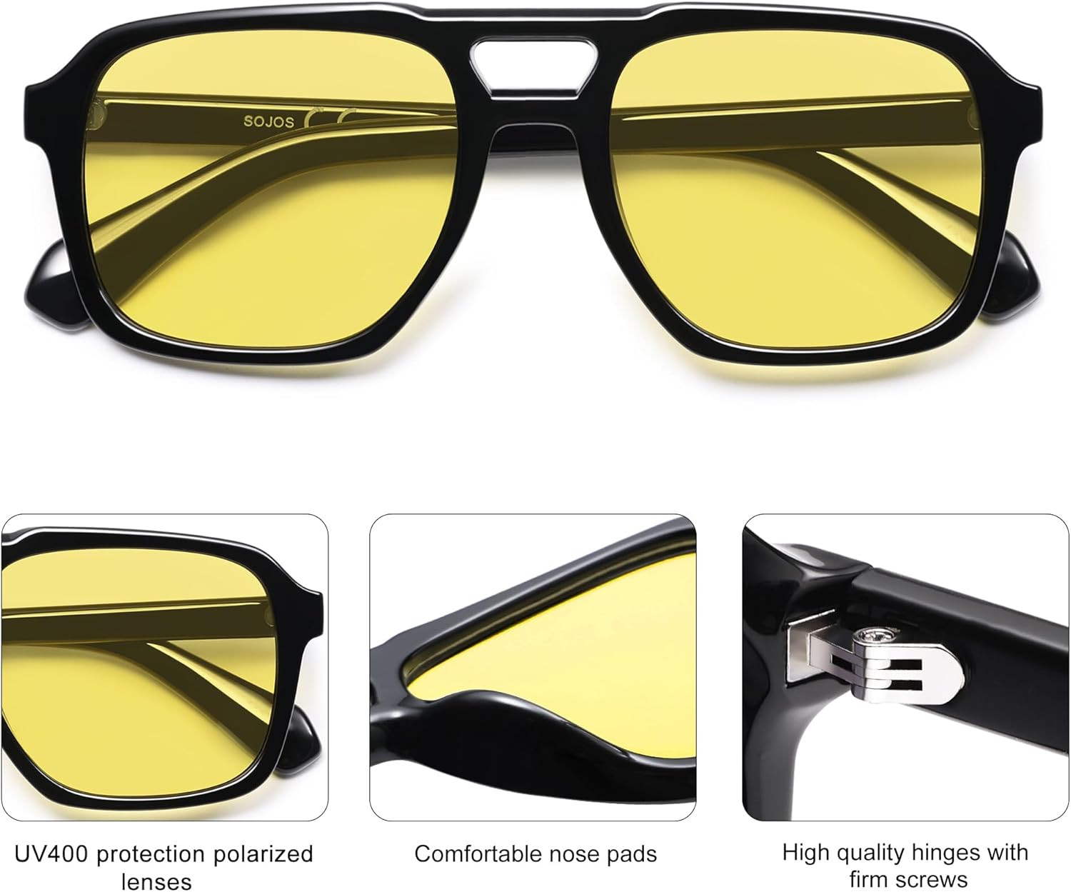imageSOJOS Retro Aviator Polarized Sunglasses For Women Men Womens Oversized Thick Square Vintage 70s Sun Glasses SJ2330Black Yellow