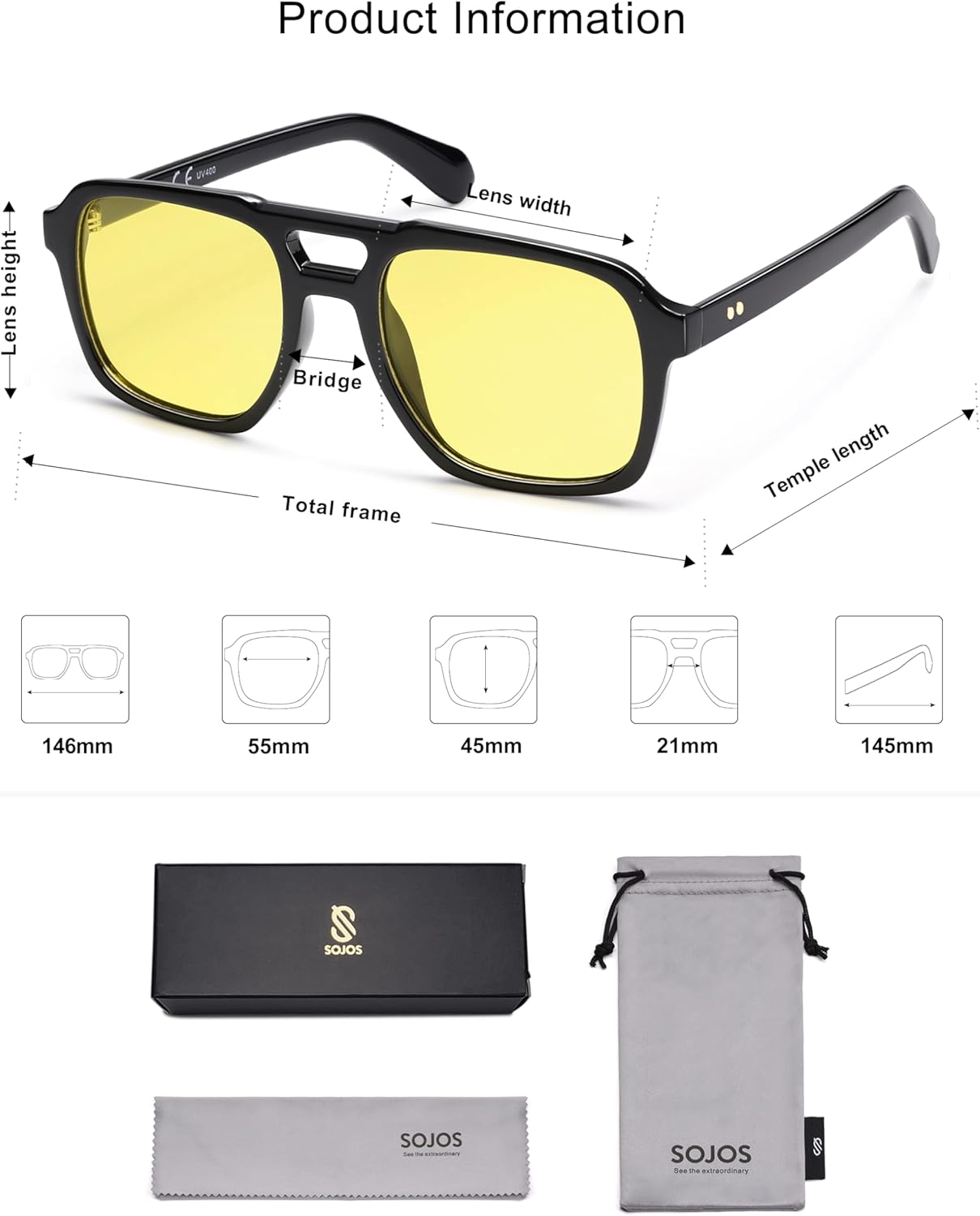 imageSOJOS Retro Aviator Polarized Sunglasses For Women Men Womens Oversized Thick Square Vintage 70s Sun Glasses SJ2330Black Yellow