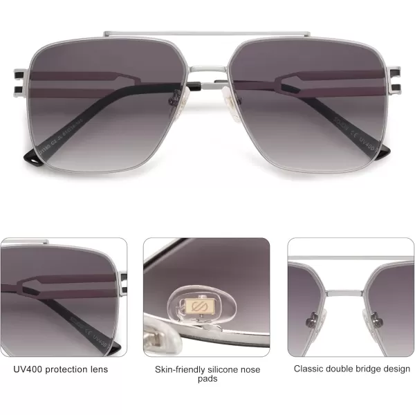imageSOJOS Oversized Retro Square Metal Frame Sunglasses Large Vintage Double Bridge Flat Lens Unisex Sunglasses SJ1180SilverGrey