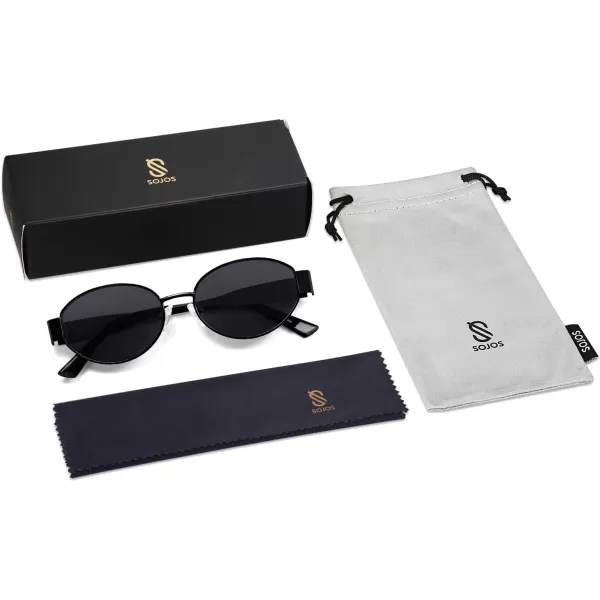 imageSOJOS Retro Oval Sunglasses for Women Trendy Sun Glasses Classic Shades UV400 Protection SJ1217Shiny BlackGrey