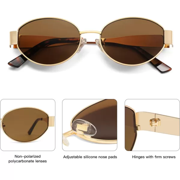 imageSOJOS Retro Oval Sunglasses for Women Trendy Sun Glasses Classic Shades UV400 Protection SJ1217Shiny GoldBrown