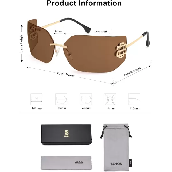 imageSOJOS Rimless Wrap Around Frame Sunglasses Women Men Frameless Design Shield Rectangular Sunnies SJ1219Brown