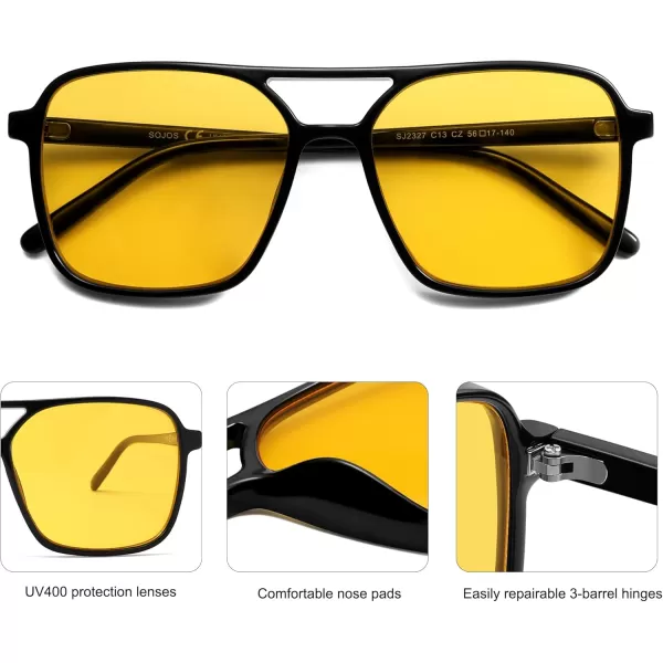 imageSOJOS Trendy Vintage Aviator Square Sunglasses For Womens Mens Retro 70s UV400 Women Sun Glasses SJ2327BlackYellow