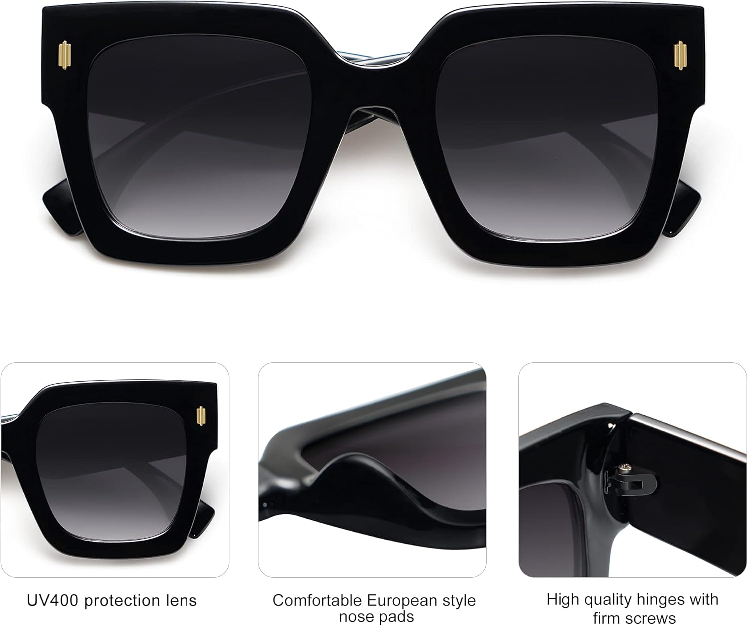 imageSOJOS Vintage Oversized Square Sunglasses for WomenRetro Womens Luxury Big Large Sun Glasses UV400 SJ2194Black FrameGrey Grading Lens