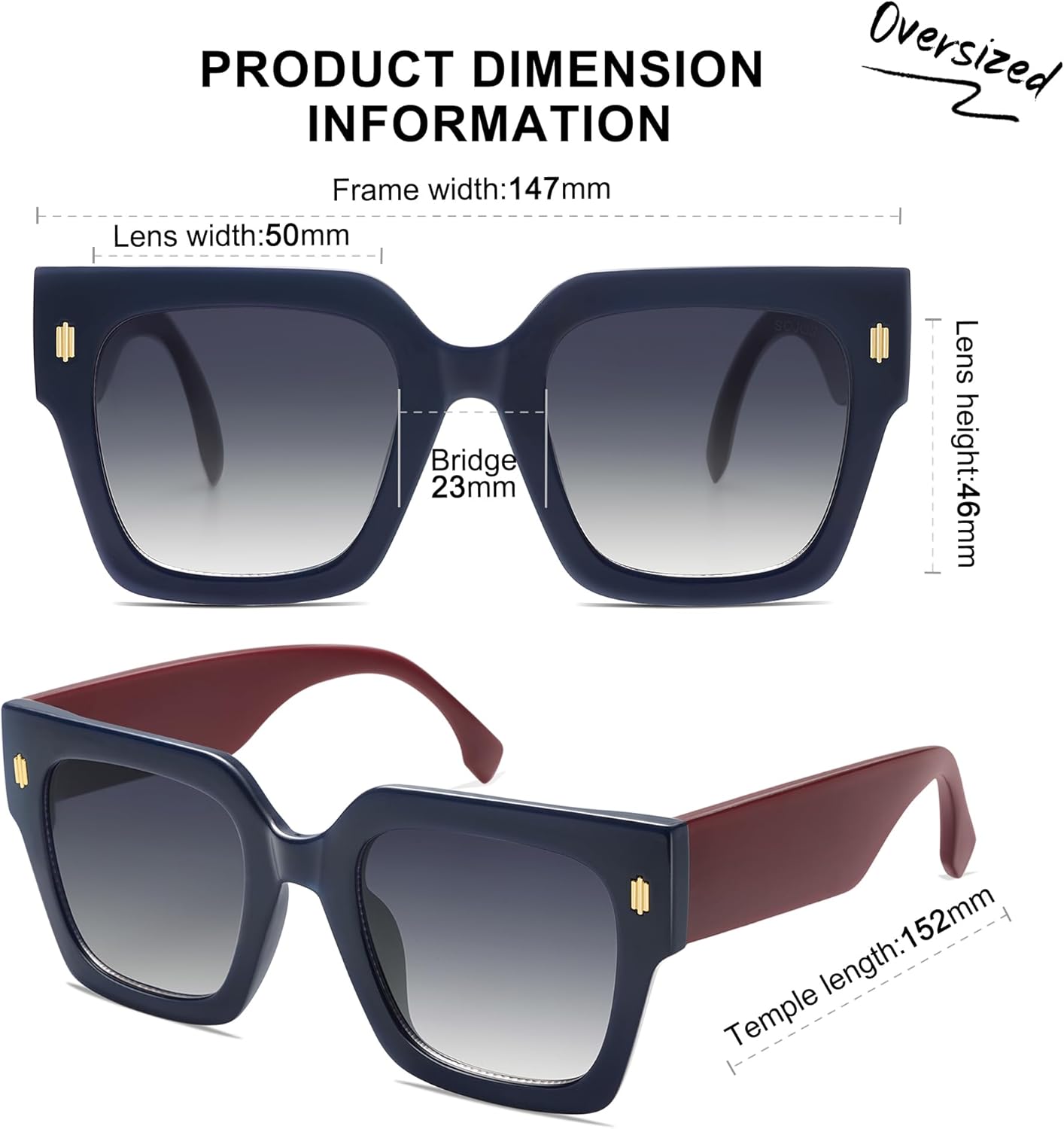 imageSOJOS Vintage Oversized Square Sunglasses for WomenRetro Womens Luxury Big Large Sun Glasses UV400 SJ2194Milky Navy FrameMilky Red Lens