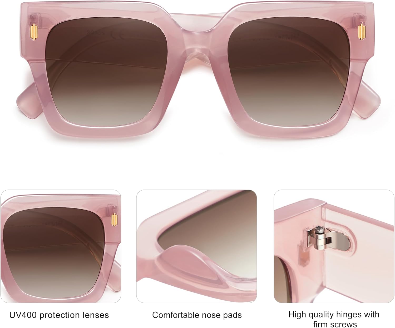 imageSOJOS Vintage Oversized Square Sunglasses for WomenRetro Womens Luxury Big Large Sun Glasses UV400 SJ2194Milky Pink FrameBrown Grading Lens