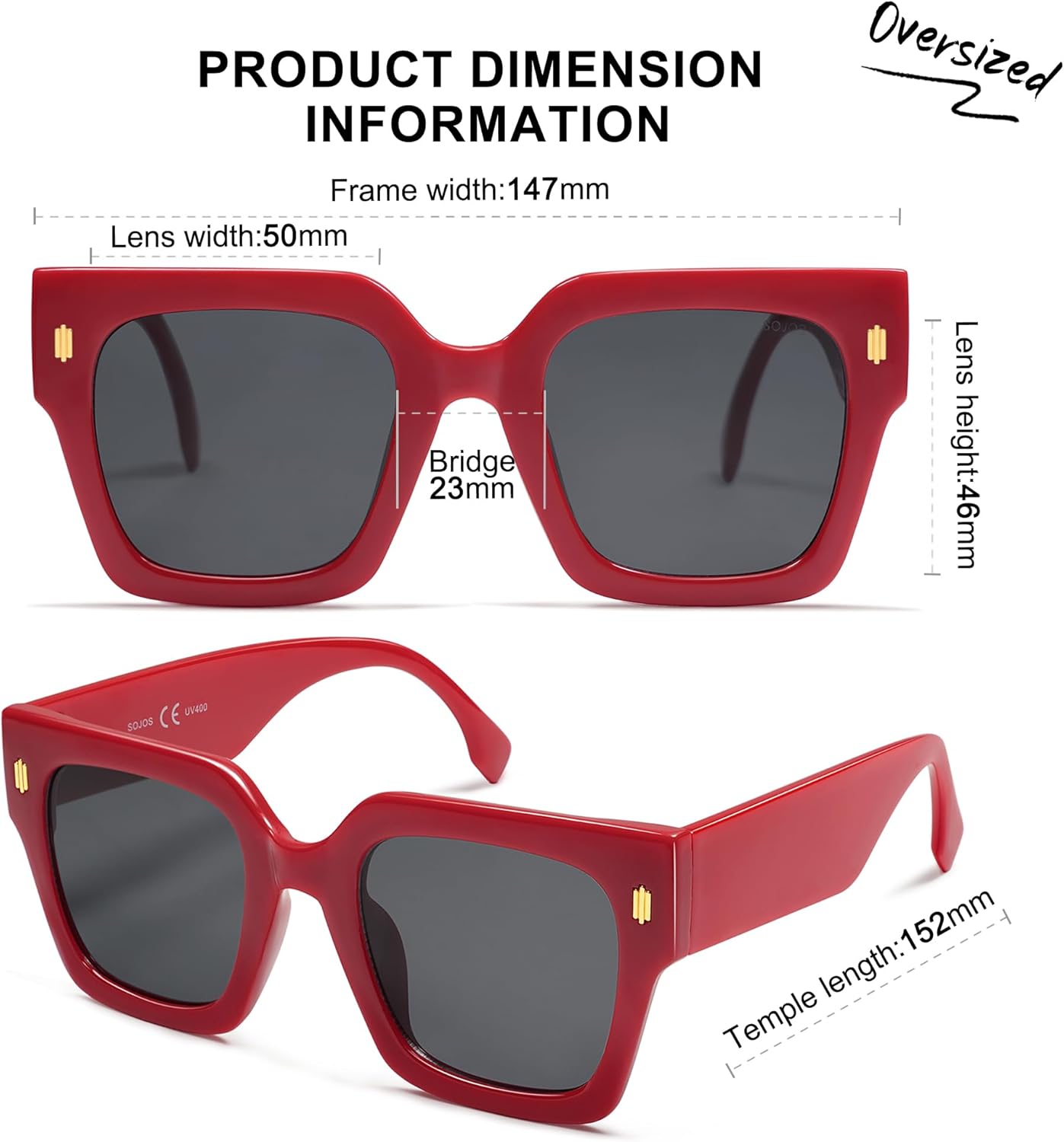 imageSOJOS Vintage Oversized Square Sunglasses for WomenRetro Womens Luxury Big Large Sun Glasses UV400 SJ2194Red FrameGrey Lens