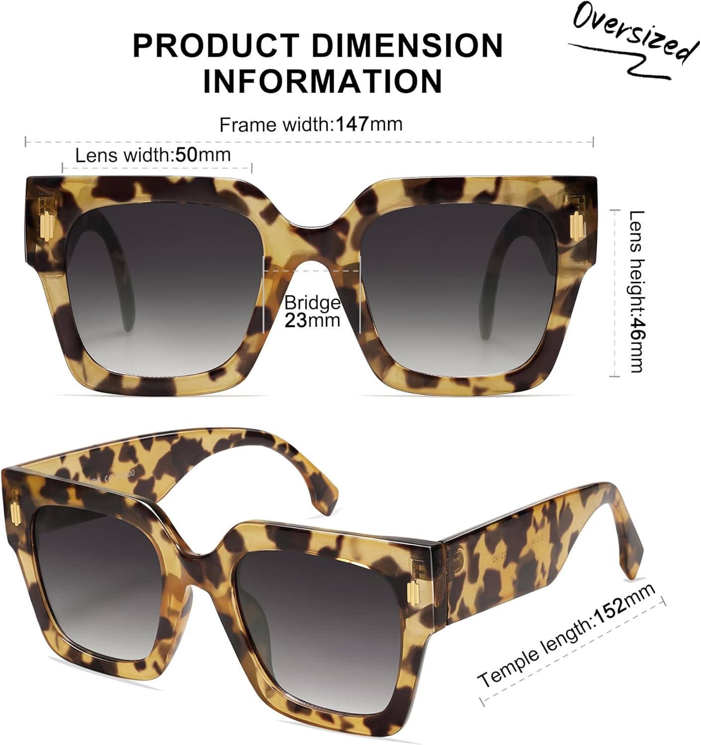 imageSOJOS Vintage Oversized Square Sunglasses for WomenRetro Womens Luxury Big Large Sun Glasses UV400 SJ2194Yellow Leopard Frame Grey Grading Lens