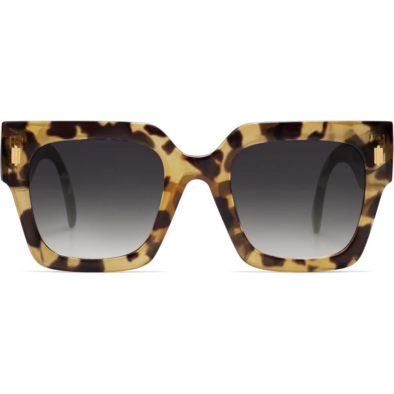 imageSOJOS Vintage Oversized Square Sunglasses for WomenRetro Womens Luxury Big Large Sun Glasses UV400 SJ2194Yellow Leopard Frame Grey Grading Lens
