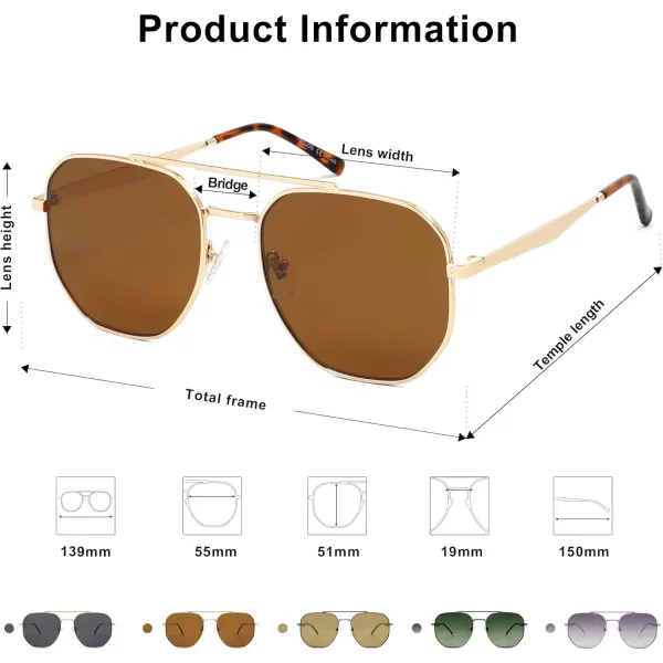 imageSOJOS Classic Square Aviator Sunglasses for Women Men Retro Hexagon UV400 Protection Shades SJ1222Bright GoldBrown