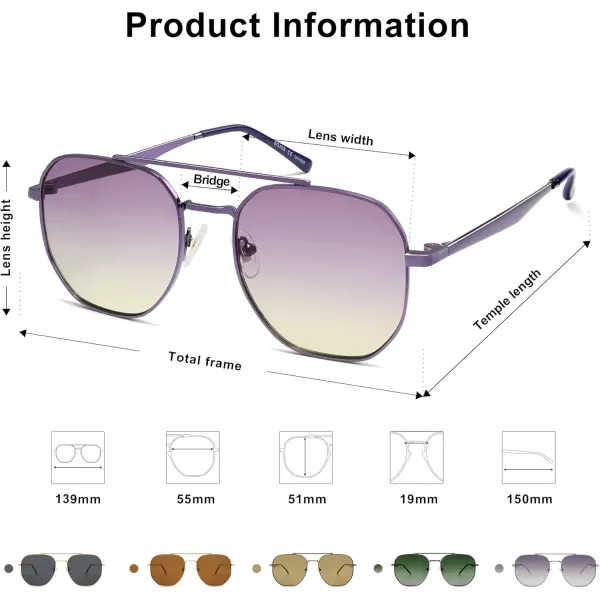 imageSOJOS Classic Square Aviator Sunglasses for Women Men Retro Hexagon UV400 Protection Shades SJ1222Dark PurplePurple Gradient Yellow