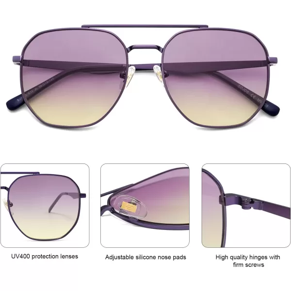 imageSOJOS Classic Square Aviator Sunglasses for Women Men Retro Hexagon UV400 Protection Shades SJ1222Dark PurplePurple Gradient Yellow