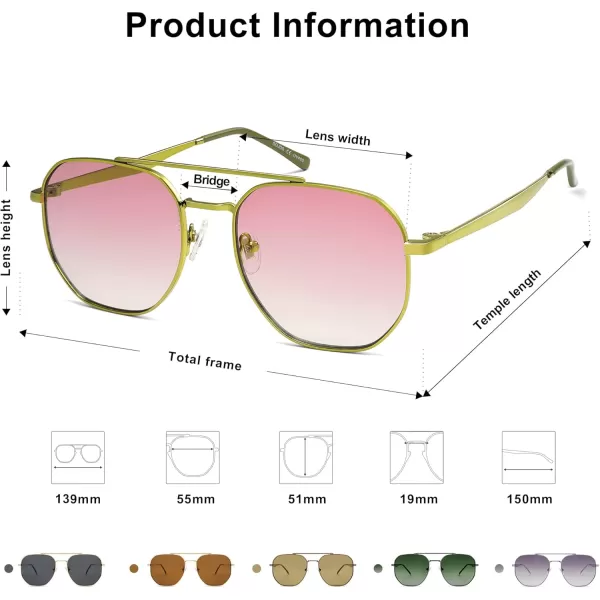 imageSOJOS Classic Square Aviator Sunglasses for Women Men Retro Hexagon UV400 Protection Shades SJ1222Light GreenGradient Pink