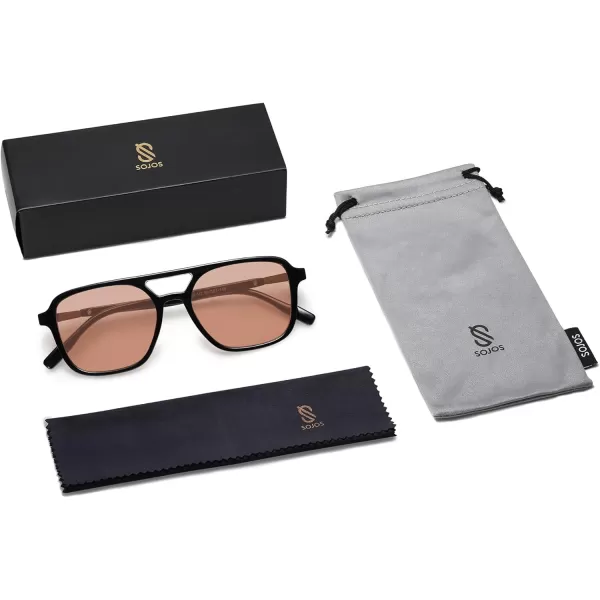 imageSOJOS Retro Aviator Sunglasses for Women MenTrendy Rectangle Womens Mens Shades Sun Glasses SJ2202Black FrameLight Orange Red Lens