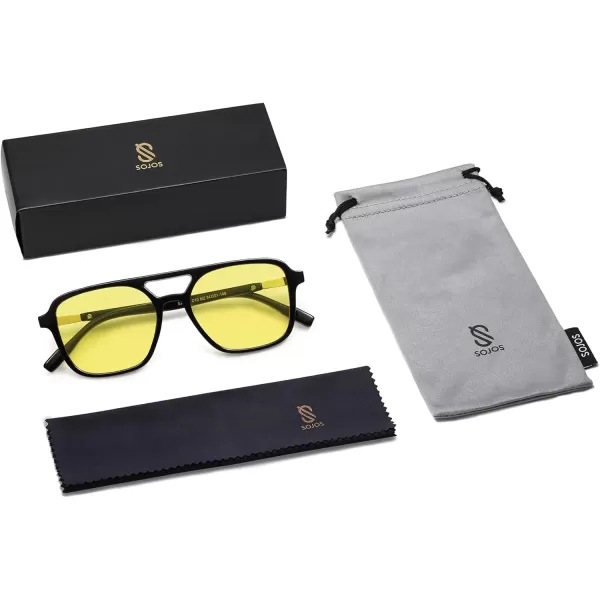 imageSOJOS Retro Aviator Sunglasses for Women MenTrendy Rectangle Womens Mens Shades Sun Glasses SJ2202Black FrameYellow Lens