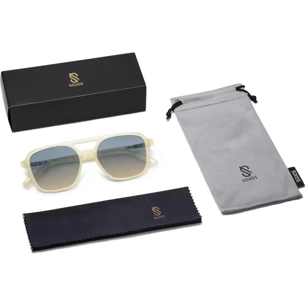 imageSOJOS Retro Aviator Sunglasses for Women MenTrendy Rectangle Womens Mens Shades Sun Glasses SJ2202Light Milky Yellow FrameBlue Grading Lens