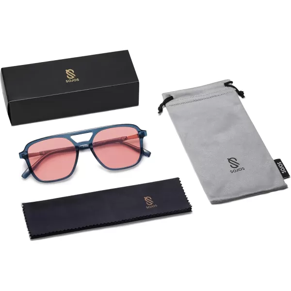 imageSOJOS Retro Aviator Sunglasses for Women MenTrendy Rectangle Womens Mens Shades Sun Glasses SJ2202Milky Blue FrameRed Lens
