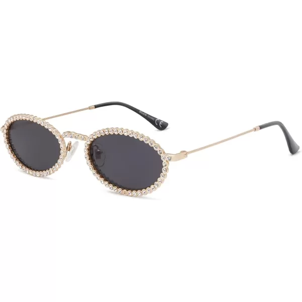 imageSOJOS Retro Skinny Oval Rhinestone Sunglasses for Women 90s Styles Bling Hippie Disco Trendy Sun Glasses Small Face SJ1205Black
