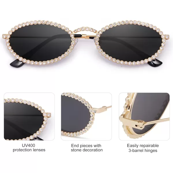 imageSOJOS Retro Skinny Oval Rhinestone Sunglasses for Women 90s Styles Bling Hippie Disco Trendy Sun Glasses Small Face SJ1205Black