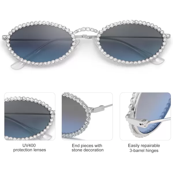 imageSOJOS Retro Skinny Oval Rhinestone Sunglasses for Women 90s Styles Bling Hippie Disco Trendy Sun Glasses Small Face SJ1205Blue