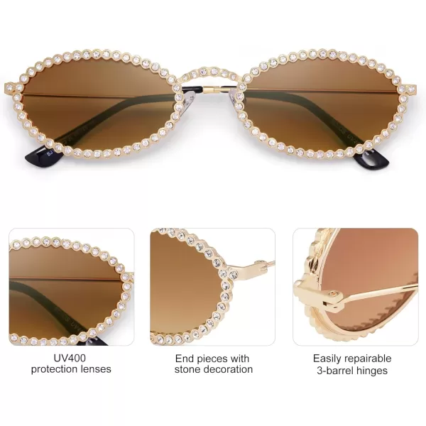 imageSOJOS Retro Skinny Oval Rhinestone Sunglasses for Women 90s Styles Bling Hippie Disco Trendy Sun Glasses Small Face SJ1205Brown