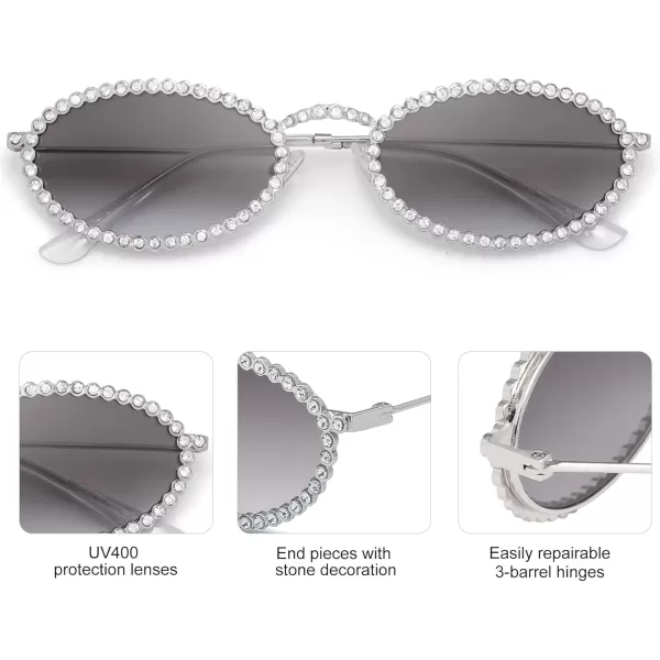 imageSOJOS Retro Skinny Oval Rhinestone Sunglasses for Women 90s Styles Bling Hippie Disco Trendy Sun Glasses Small Face SJ1205Grey