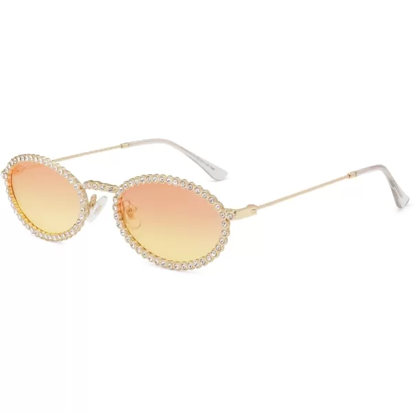 imageSOJOS Retro Skinny Oval Rhinestone Sunglasses for Women 90s Styles Bling Hippie Disco Trendy Sun Glasses Small Face SJ1205Pink