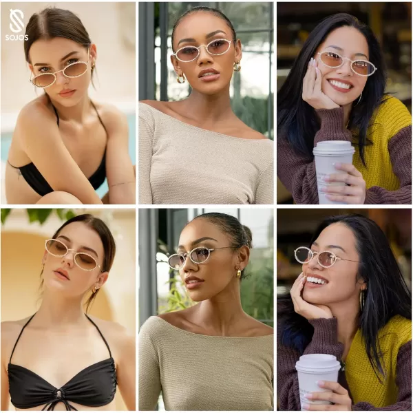 imageSOJOS Retro Skinny Oval Rhinestone Sunglasses for Women 90s Styles Bling Hippie Disco Trendy Sun Glasses Small Face SJ1205Pink