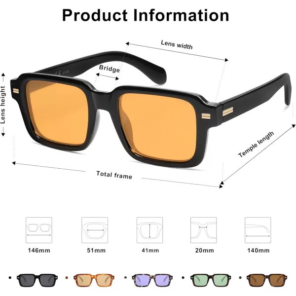 imageSOJOS Retro Square Polarized Sunglasses for Women Men 70s 80s Classic Vintage Rectangle Shades SJ2345Shiny BlackYellow