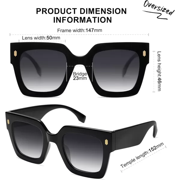 imageSOJOS Vintage Oversized Square Sunglasses for WomenRetro Womens Luxury Big Large Sun Glasses UV400 SJ2194Black FrameGrey Grading Lens
