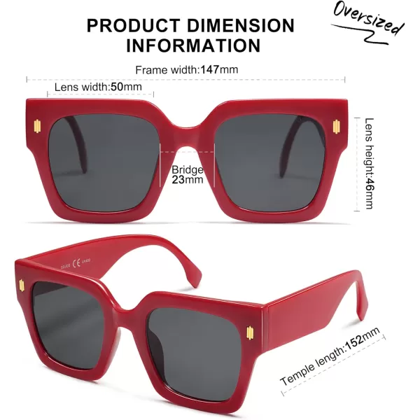 imageSOJOS Vintage Oversized Square Sunglasses for WomenRetro Womens Luxury Big Large Sun Glasses UV400 SJ2194Red FrameGrey Lens