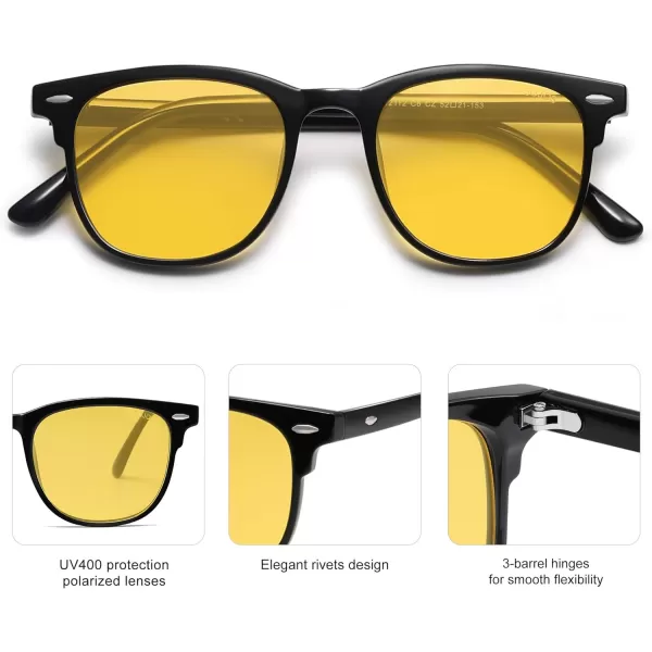 imageSOJOS Retro Vintage Square Polarized Sunglasses for Women Men UV Protection Lens TR90 Frame Sunglasses SJ2112BlackNight Vision