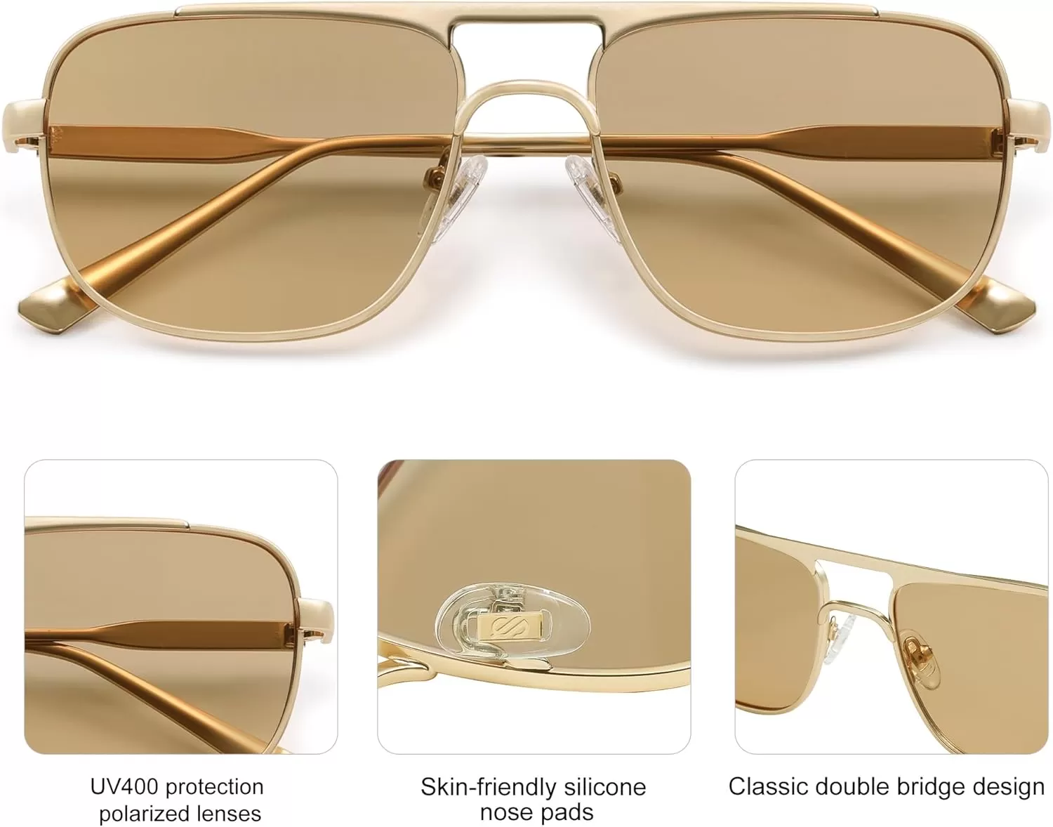 imageSOJOS Retro Aviator Polarized Sunglasses for Women Men Trendy Rectangle Womens Mens Sunnies SJ1234Matte GoldLight Brown