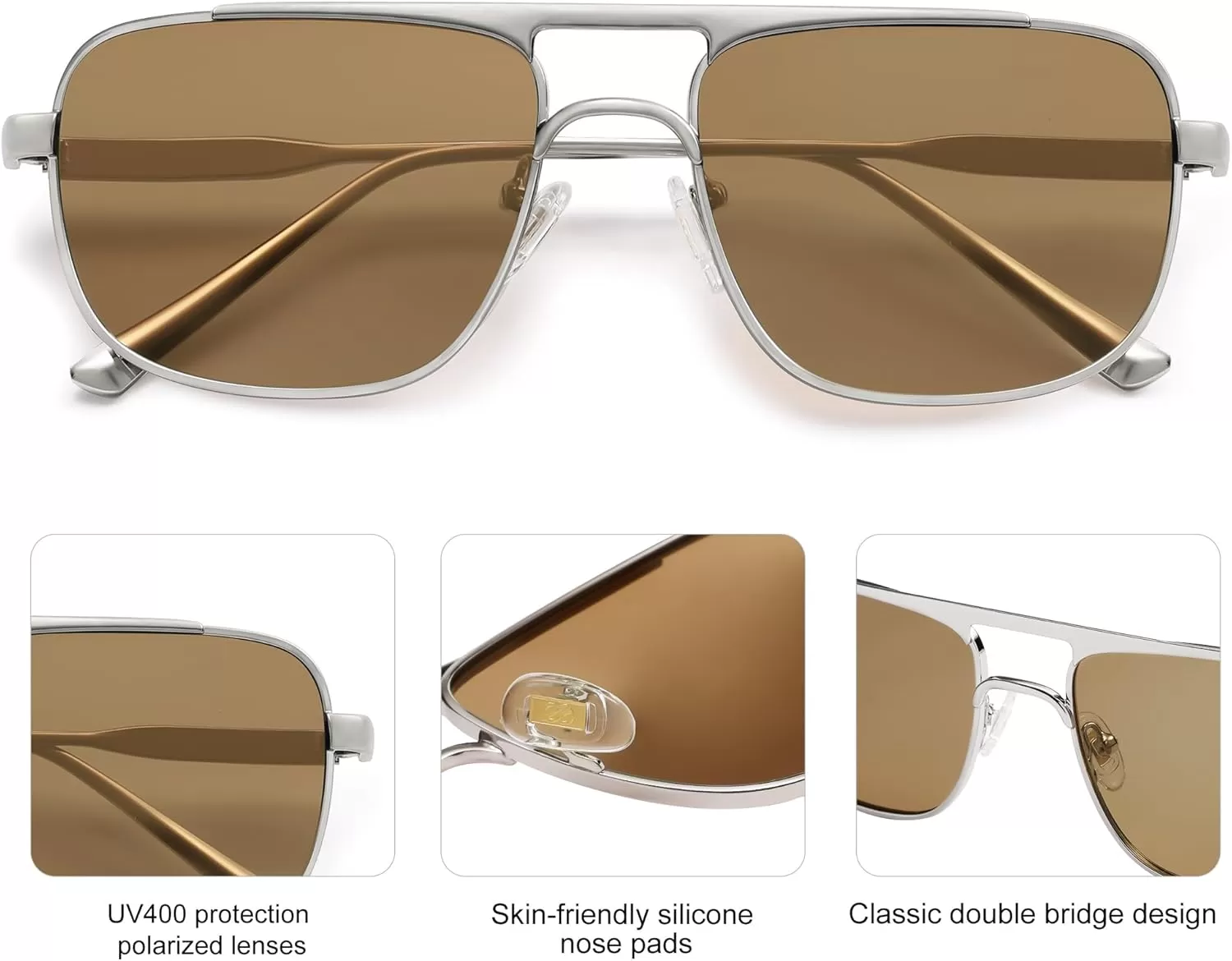 imageSOJOS Retro Aviator Polarized Sunglasses for Women Men Trendy Rectangle Womens Mens Sunnies SJ1234SilverBrown