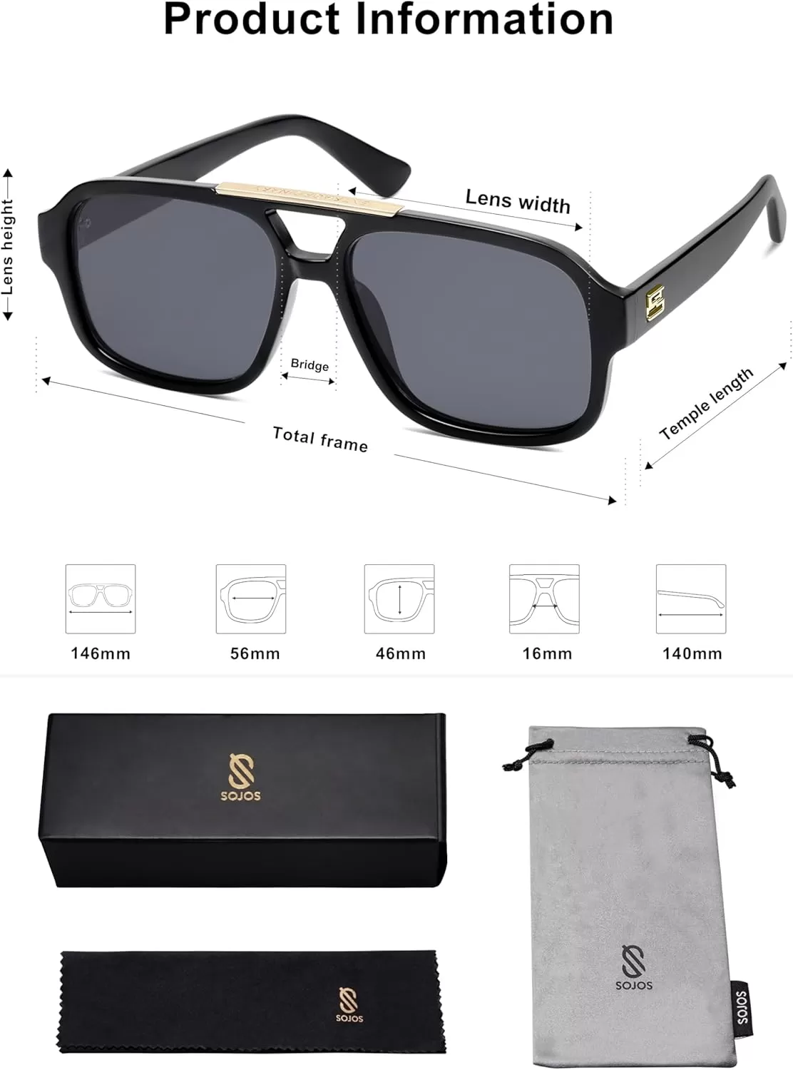 imageSOJOS Retro Aviator Sunglasses Womens Mens Polarized Vintage Trendy Rectangle Women Sunnies SJ2335BlackGrey