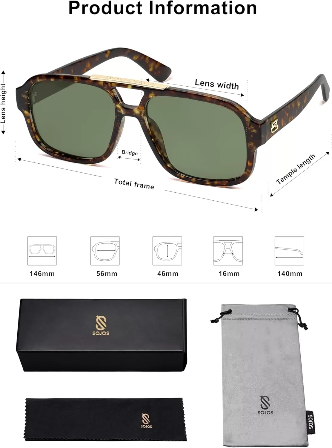 imageSOJOS Retro Aviator Sunglasses Womens Mens Polarized Vintage Trendy Rectangle Women Sunnies SJ2335Green TortoiseGreen