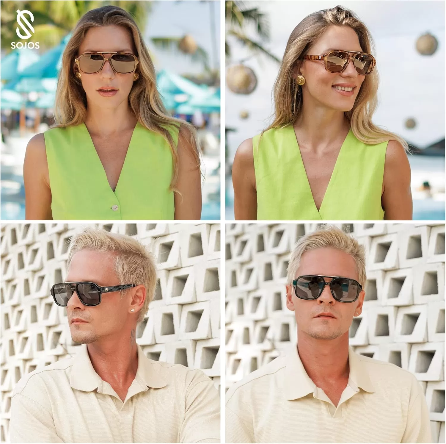 imageSOJOS Retro Aviator Sunglasses Womens Mens Polarized Vintage Trendy Rectangle Women Sunnies SJ2335Green TortoiseGreen