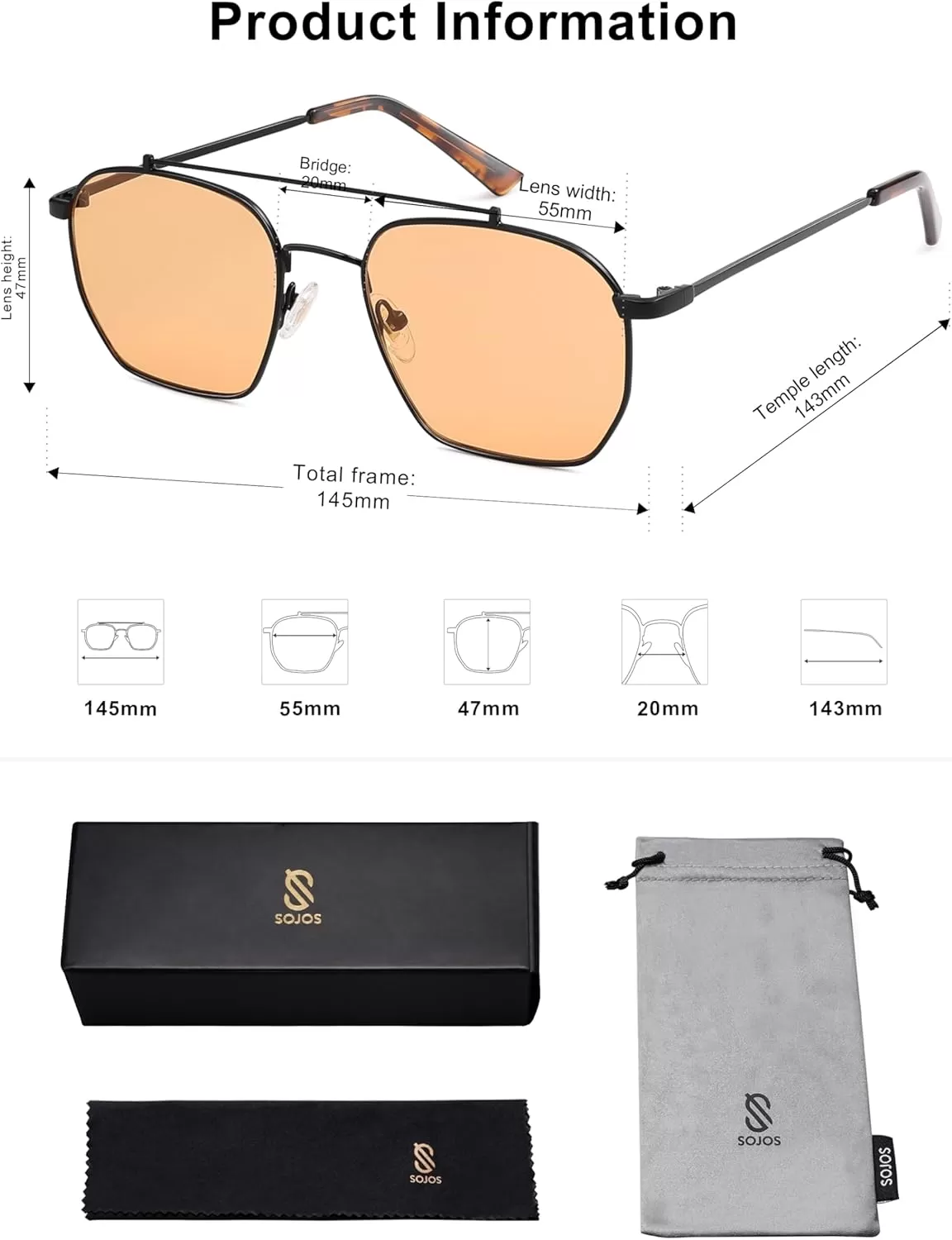 imageSOJOS Retro Square Sunglasses for Women Men Trendy Sun Glasses Classic Shades UV400 Protection SJ1230Matte Black  Orange Lens
