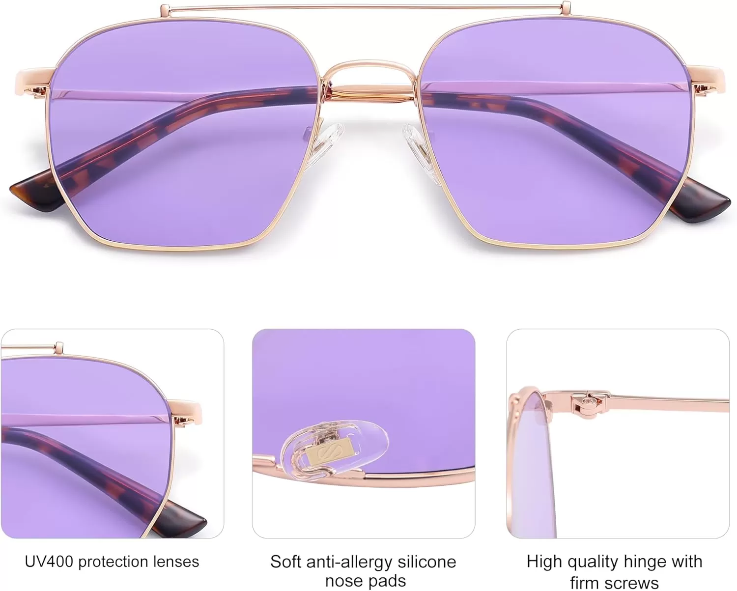 imageSOJOS Retro Square Sunglasses for Women Men Trendy Sun Glasses Classic Shades UV400 Protection SJ1230Rose Gold  Purple Lens