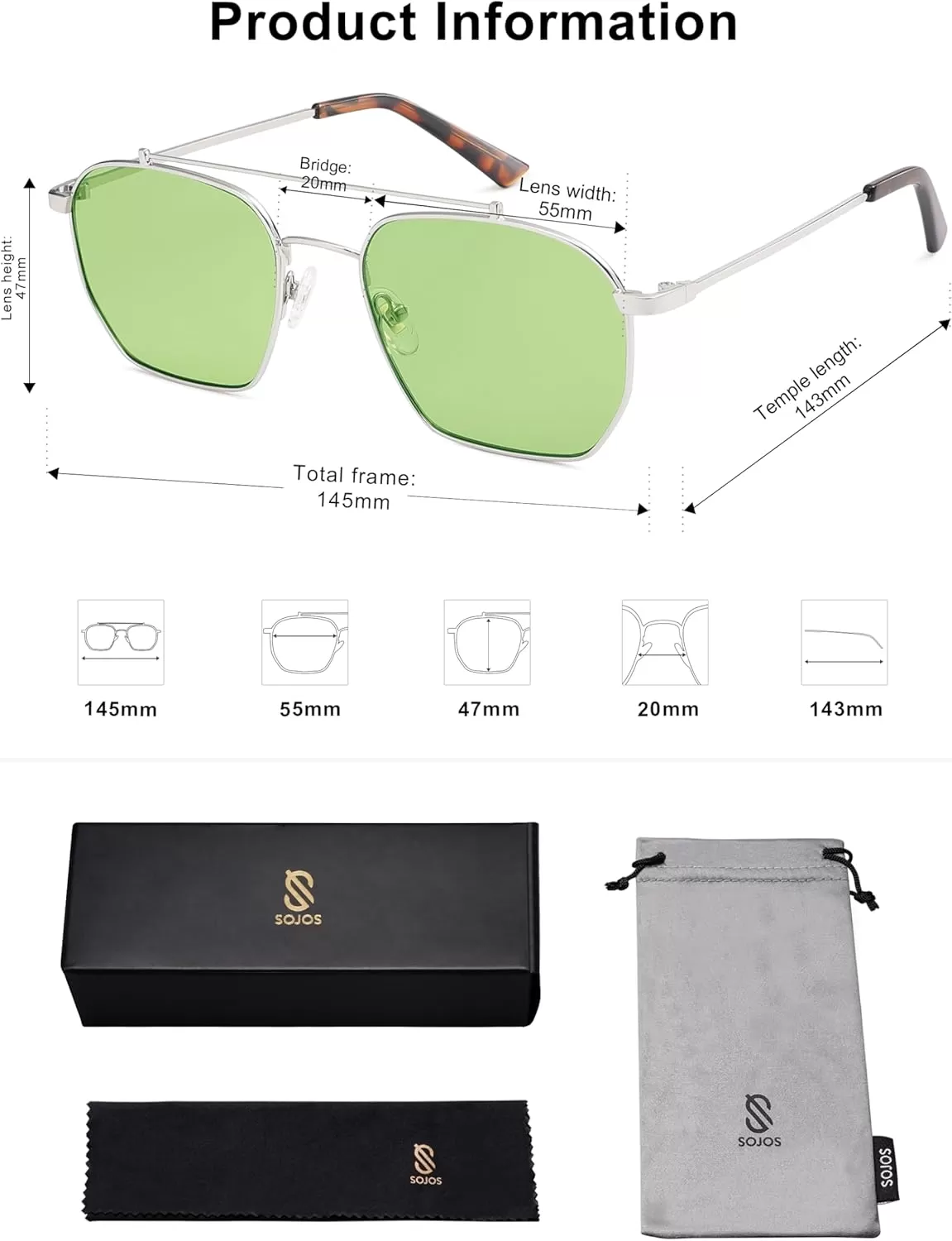 imageSOJOS Retro Square Sunglasses for Women Men Trendy Sun Glasses Classic Shades UV400 Protection SJ1230Silver  Green Lens