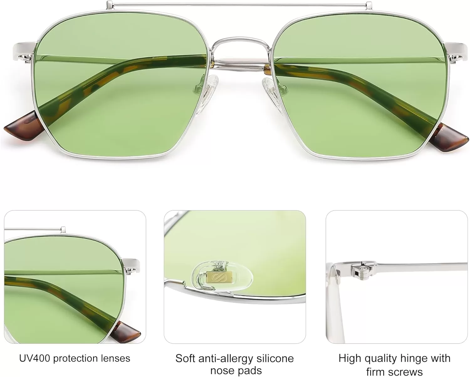 imageSOJOS Retro Square Sunglasses for Women Men Trendy Sun Glasses Classic Shades UV400 Protection SJ1230Silver  Green Lens
