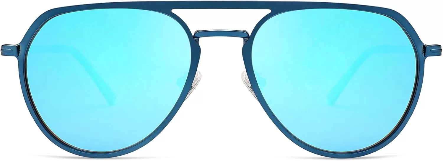 imageSOJOS Trendy Aviator Polarized Sunglasses for Women Men Retro Shades Classic Metal Sun Glasses SJ1204AMatte BlueMirrored Blue