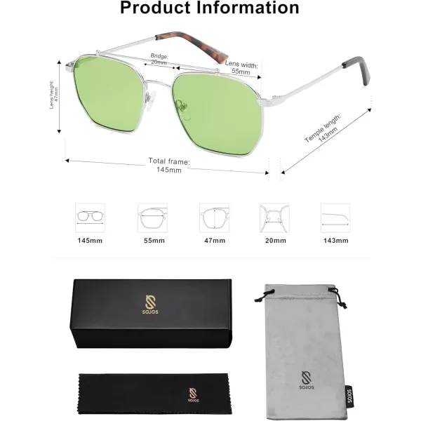 imageSOJOS Retro Square Sunglasses for Women Men Trendy Sun Glasses Classic Shades UV400 Protection SJ1230Silver  Green Lens