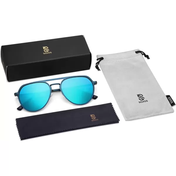 imageSOJOS Trendy Aviator Polarized Sunglasses for Women Men Retro Shades Classic Metal Sun Glasses SJ1204AMatte BlueMirrored Blue