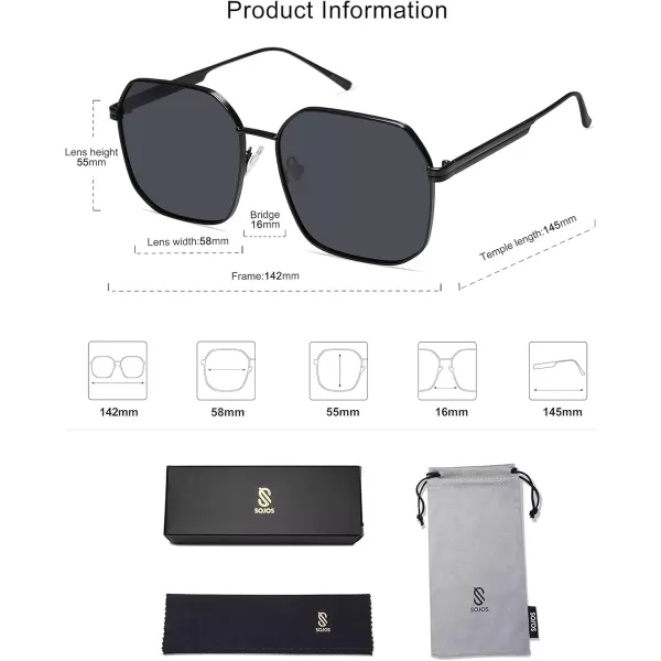 imageSOJOS Retro Square Polarized Sunglasses for Women Vintage Square Shades UV400 Large Metal Frame SJ1166AShiny Black