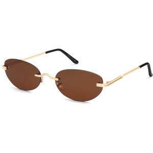 imageSOJOS Retro Small Oval Sunglasses Womens Trendy Rimless Sun Glasses Vintage Narrow Shades SJ1242Shiny Gold  Brown Lens