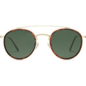 imageSOJOS Retro Vintage Round Polarized Sunglasses for Women Men Small Double Bridge Circle Sunnies SJ1104Brown TortoiseGreen
