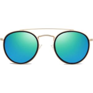 imageSOJOS Retro Vintage Round Polarized Sunglasses for Women Men Small Double Bridge Circle Sunnies SJ1104GoldBluish Green