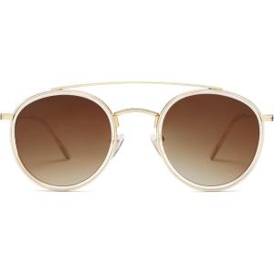 imageSOJOS Retro Vintage Round Polarized Sunglasses for Women Men Small Double Bridge Circle Sunnies SJ1104GoldBrown